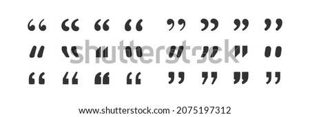 Quotation mark icon set. Double comma sign. Text quote symbol in vector flat style.