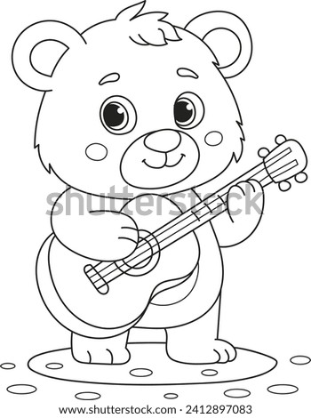 Coloring page outline of cartoon smiling cute bear plays guitar. Colorful vector illustration, summer coloring book for kids.
