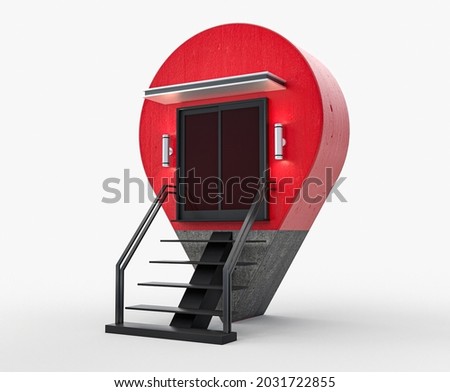 Navigator pin locator. Red concreate 
 stairs light empty space Creative GPS map pointer. Geolocation sign isolated on white background. shop, market, outlet store 3D illustration 