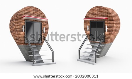 new location Navigator pin locator. Brick wall concrete metal stairs empty space Geolocation sign isolated on white background. bakery pizza shop, market, outlet store 3D illustration 