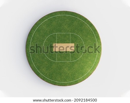 Cricket Stadium Top view on cricket pitch or ball sport game field, grass stadium or circle arena for cricketer series, green lawn or ground for batsman, bowler. Outfield 3D Illustration Сток-фото © 