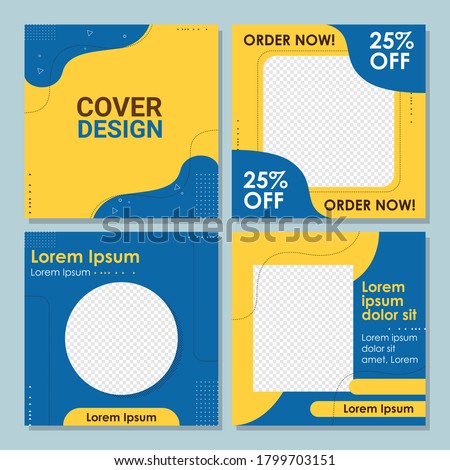 Social media post templates set for business with abstract vector illustration on background. Square posts layouts blue and yellow
