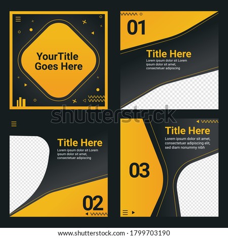 Social media post templates set for business with abstract vector illustration on background. Square posts layouts back and yellow