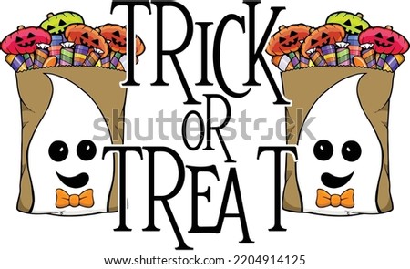 This clip art features the face two sacks filled with candy and ghost faces on the front and the expression trick or treat.