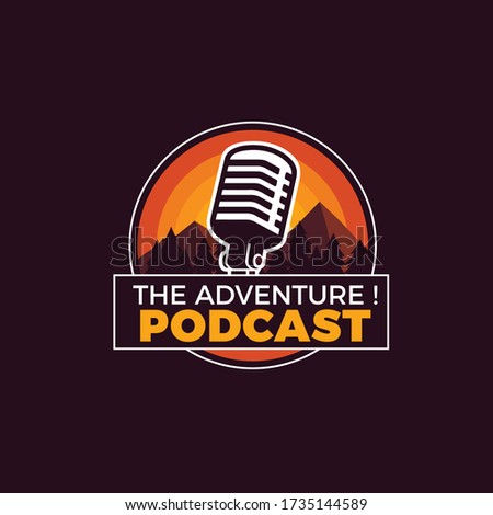 adventure podcast logo design with microphone and mountain background