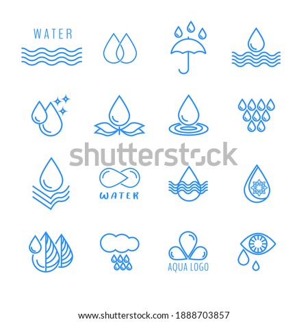 Water, water drop, splash, wave, rain, irrigation. A set of vector icons. Symbol, sign, icon, logo illustration.