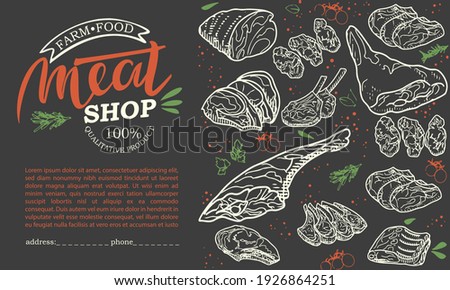 A set of raw meat. Beef, pork, lamb. Vector illustration in the style of a sketch. A booklet, banner, or flyer of a butcher shop or store.