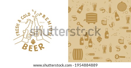 Beer in hand, people clink glasses of beer in bottles. Beer logo and seamless pattern with beer icons