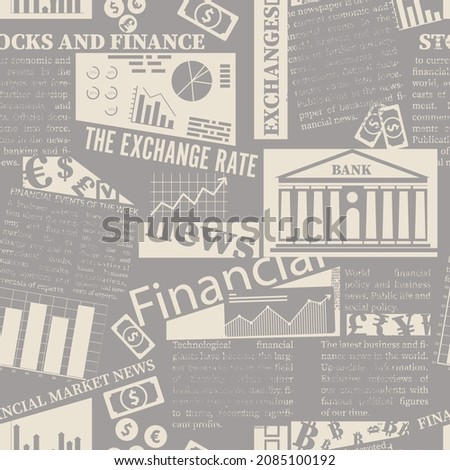 Seamless vector pattern with newspaper clippings. Abstract background with unreadable text, titles and illustrations on the topic of business and finance.