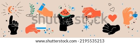 A set of hand gestures. Colored hands holding pencil, heart, crescent, star, cup, credit card