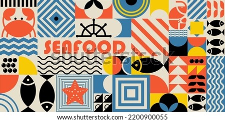 Seafood background in Bauhaus style. Geometric poster with abstract geometry Bauhaus swiss. Fish, crab, shrimp, caviar in futuristic minimal shapes, forms