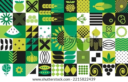 Agricultural pattern of fruits, berries, vegetables, ears, farm products in the Bauhaus style. Abstract background of organic agricultural vegetarian food and simple shapes