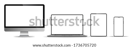 Set of realistic monitor, laptop, tablet, phone on a white background