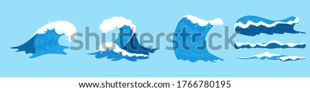 Sea waves collection. Set of blue ocean waves with white foam in cartoon style