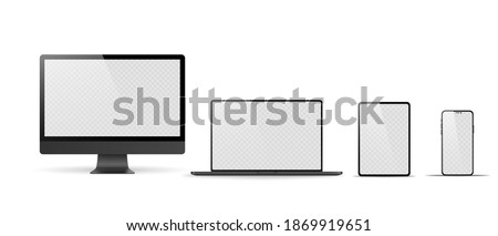 Set of realistic monitor, laptop, tablet, phone on a white background