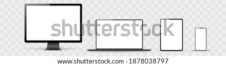 Set of realistic monitor, laptop, tablet, phone on a white background