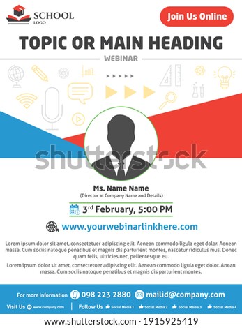 Webinar Flyer, E mailer design template for Online Education, Business purpose and you can use for the social media promotions as well-modern colorful portrait Design-Blue-Red-black