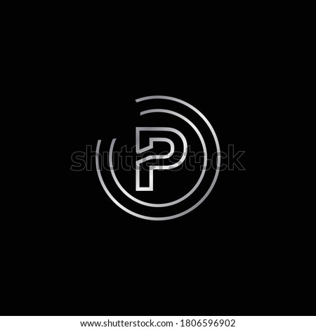 Elegant Design of P Alphabet . Silver Enclosure Logo Design For Letter P. Uppercase Letter P is Enclosed in Two Circle. Modern and Unique Logo Design For Letter P.