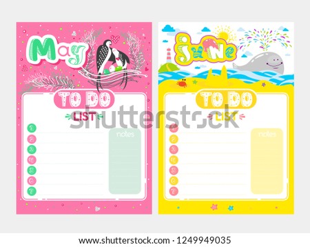 Cartoon To Do List design. Vector doodle illustrations. Inspirational organizer with cute animals and letters. Spring and Summer background, seasonal card. May, June