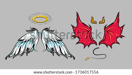 Angel and demon cartoon comic style attribute elements. Vector art of halo, wings, horns, tail. Good and bad concept illustration. Isolated on gray background