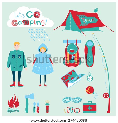Cute cartoon flat icons set with young man and woman in raincoat with the equipment for hiking, fishing, camping, outdoor and recreation activity. Modern vector symbols. Travel and tourism background.