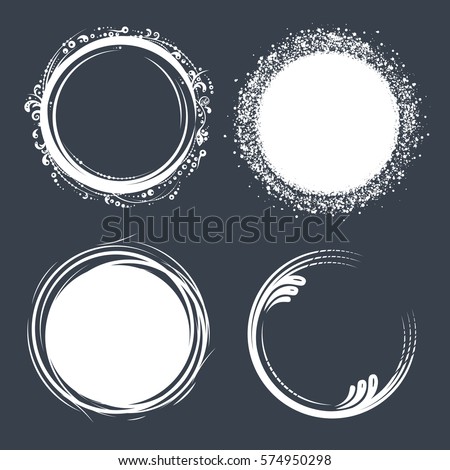 Set of hand drawn circle scribbles with floral elements and dots. Vector design elements.