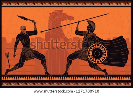 orange and black figures pottery amphora painting of troy war with achilles fighting