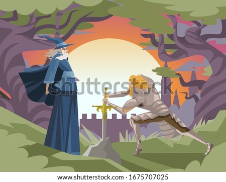 king arthur with excalibur in the rock and merlin wizard tale