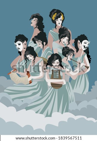 greek mythology muses Clio, Euterpe, Thalia, Melpomene, Terpsichore, Erato, Polymnia, Ourania and Calliope, 