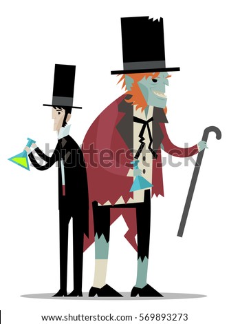 doctor jekyll with experiment potion and mister hyde monster with cane together