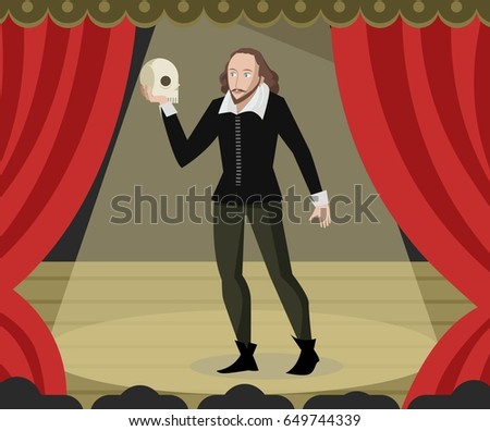 great english writer playwright holding an skull on theater stage