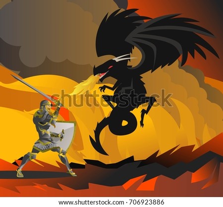 fantasy knight fighting a black dragon in the flames