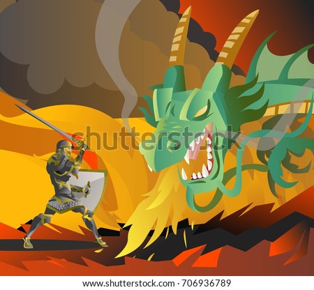 fantasy knight fighting a green fire breathing dragon