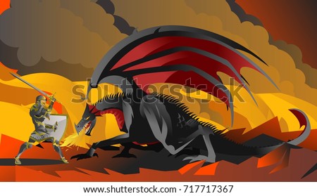 knight hero fighting a black dragon in the fire