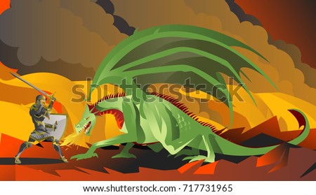 knight hero fighting a green dragon in the fire
