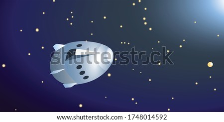 Spaceship in space on the stars background. Space news illustration. Vector. Galaxy. Launched rocket