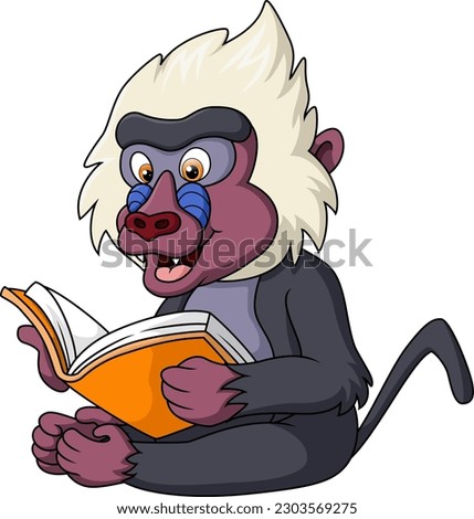 Cute mandrill baboon cartoon reading a book