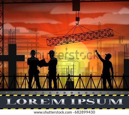 Vector illustration of Under construction worker silhouette at sunset