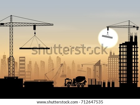 Vector illustration of Silhouettes of cranes working on the building