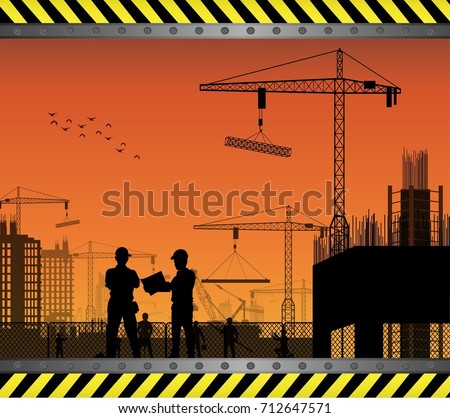 Vector illustration of Under construction worker silhouette at sunset