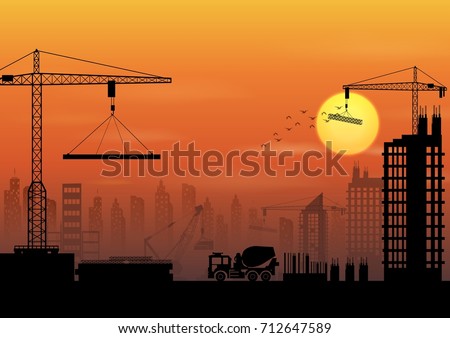 Vector illustration of Construction site silhouettes at sunset