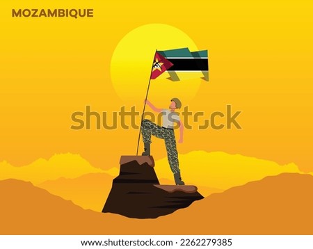 MOZAMBIQUE Soldier on top of the mountain with the MOZAMBIQUE flag. 
illustration of MOZAMBIQUE Army soilder holding flag of MOZAMBIQUE Happy Republic Day