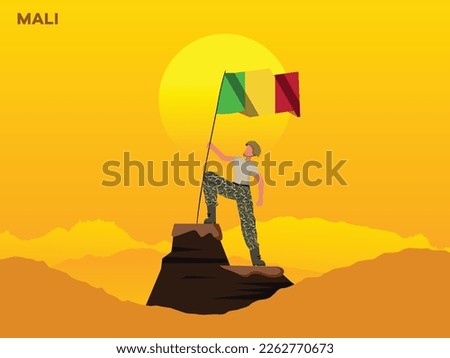MALI Soldier on top of the mountain with the MALI flag. 
illustration of MALI Army soilder holding flag of MALI Happy Republic Day