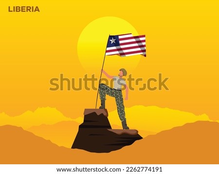 LIBERIA Soldier on top of the mountain with the LIBERIA flag. 
illustration of LIBERIA Army soilder holding flag of LIBERIA Happy Republic Day