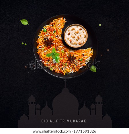 Eid Mubarak (Blessing for Eid): A Creative poster for Eid with Moon and iftar meal together.