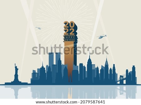 Happy New Year 2022 celebration at  Twin Towers in New York City Skyline