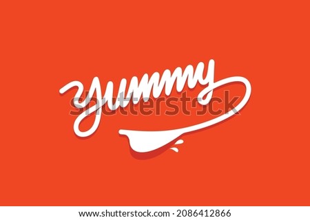Yummy text doodle for tasty delicious food, yum vector text logo. Yummy lettering cartoon for delicious tasty or yum licking food.