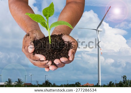 people, ecology, biology and environment concept - close up of man with green tree on hand and nature wind turbine  background