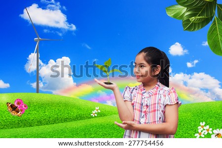 environment concept,save the world,cute girl with green tree and green grass background