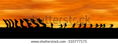 concept success and team work, The fight between success and people sunset background